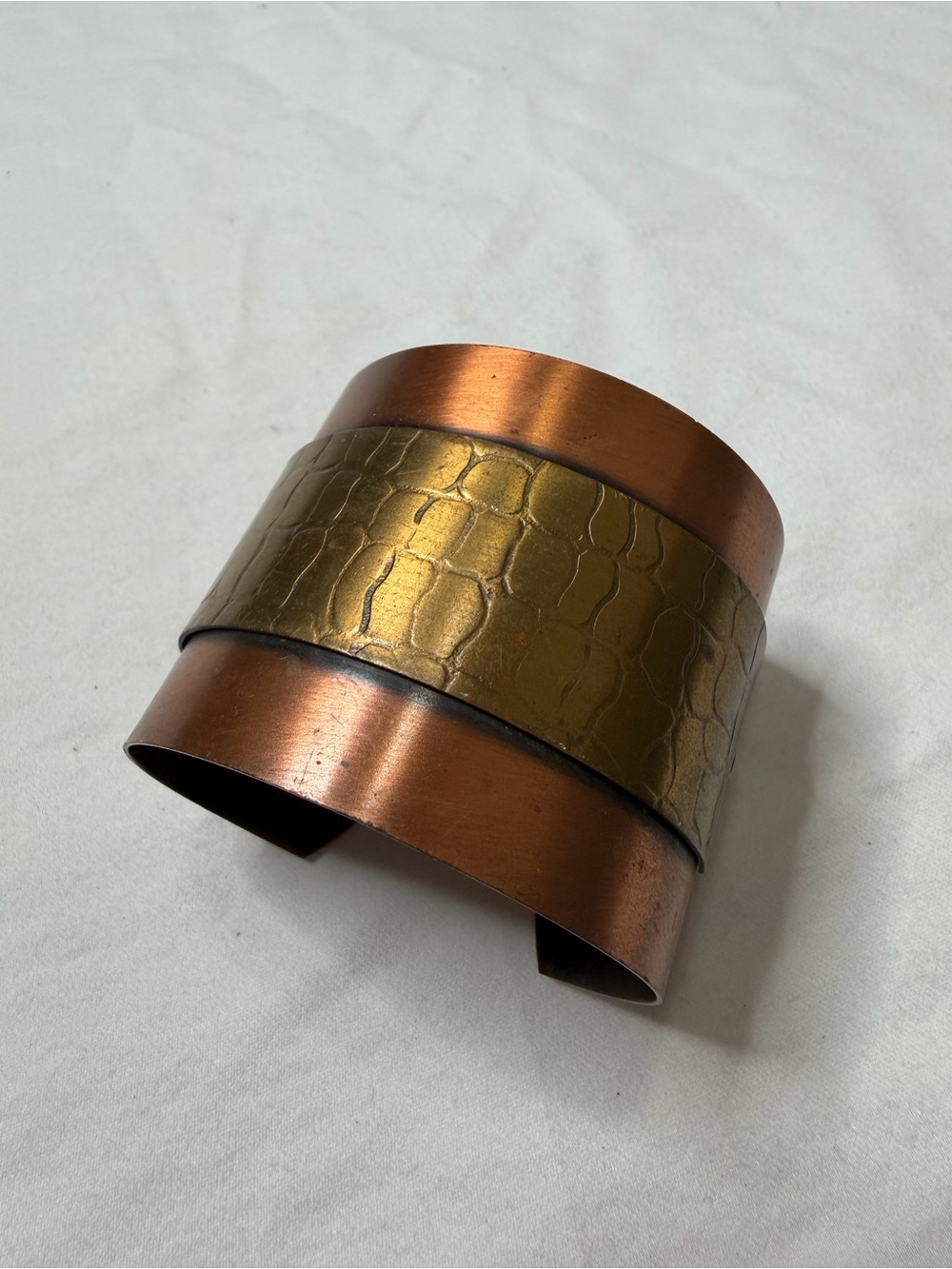 Copper Cuff Bracelet with Snakeskin Textured Gold Tone Center Band, Sizable